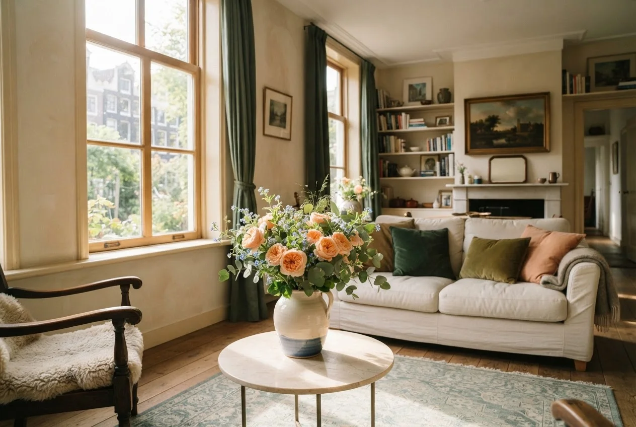 Een vers boeket in een zonnige woonkamer